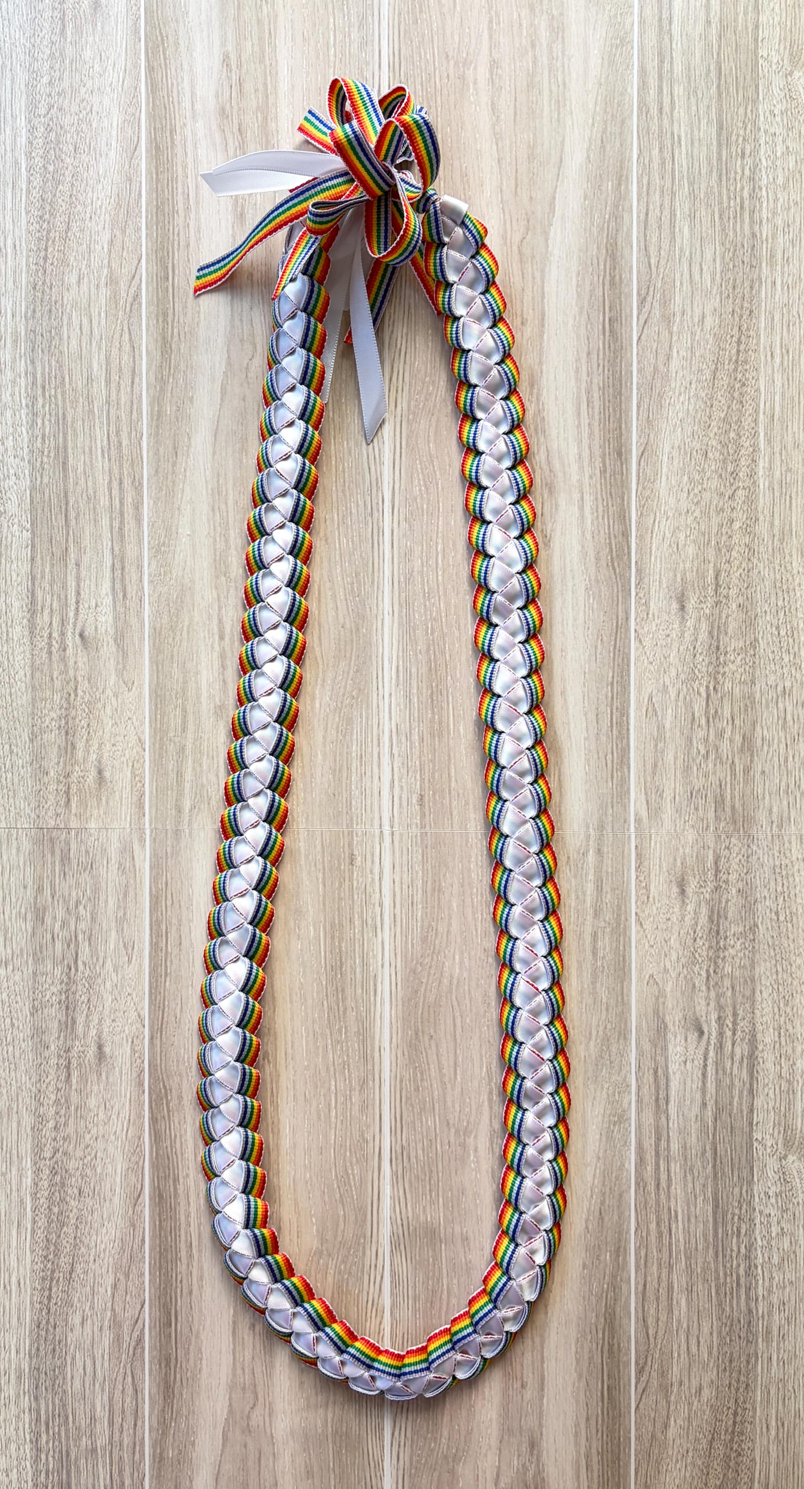 Rainbow and White 3/8-inch Ribbon Lei