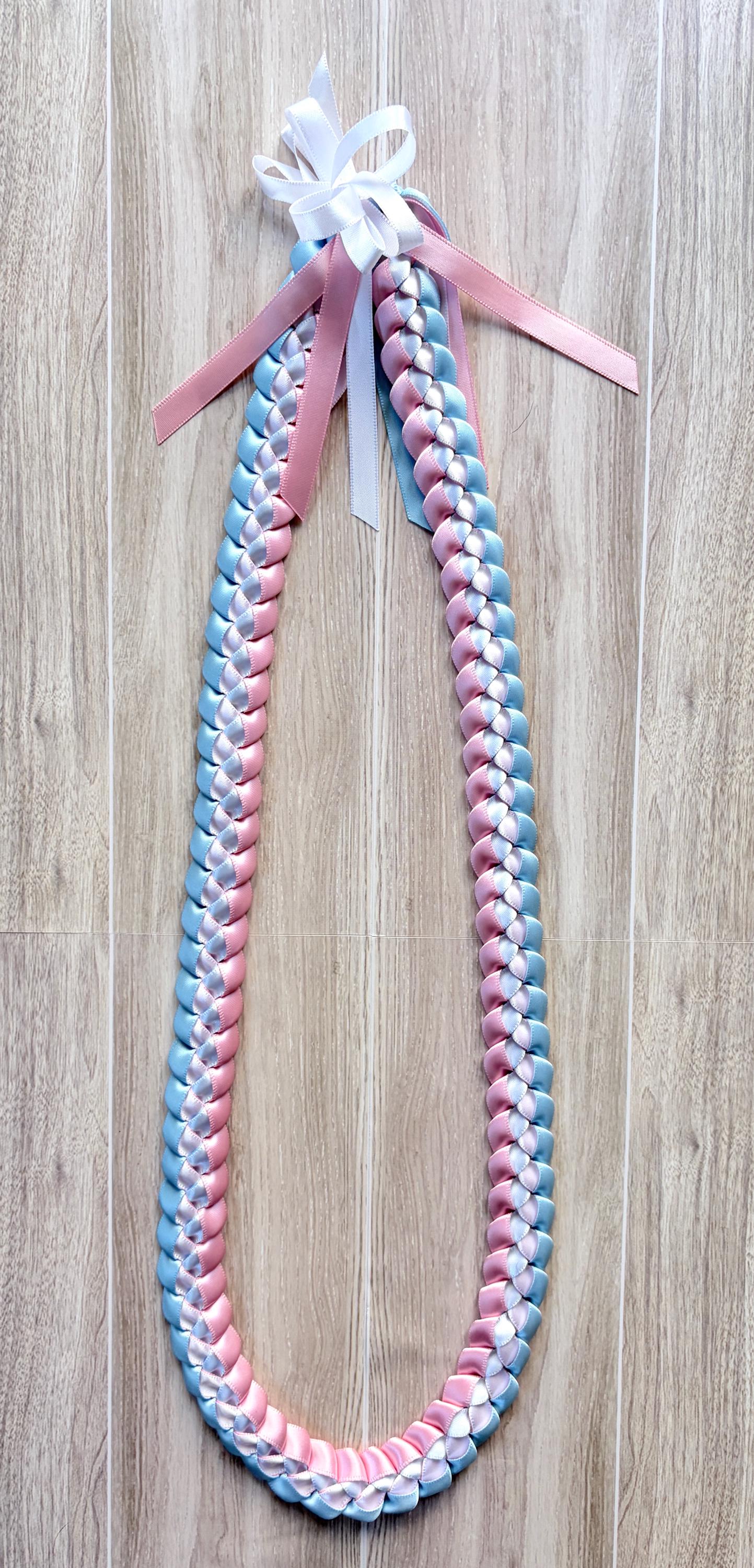 Light Blue, Pink, and White 3/8"" Ribbon Lei