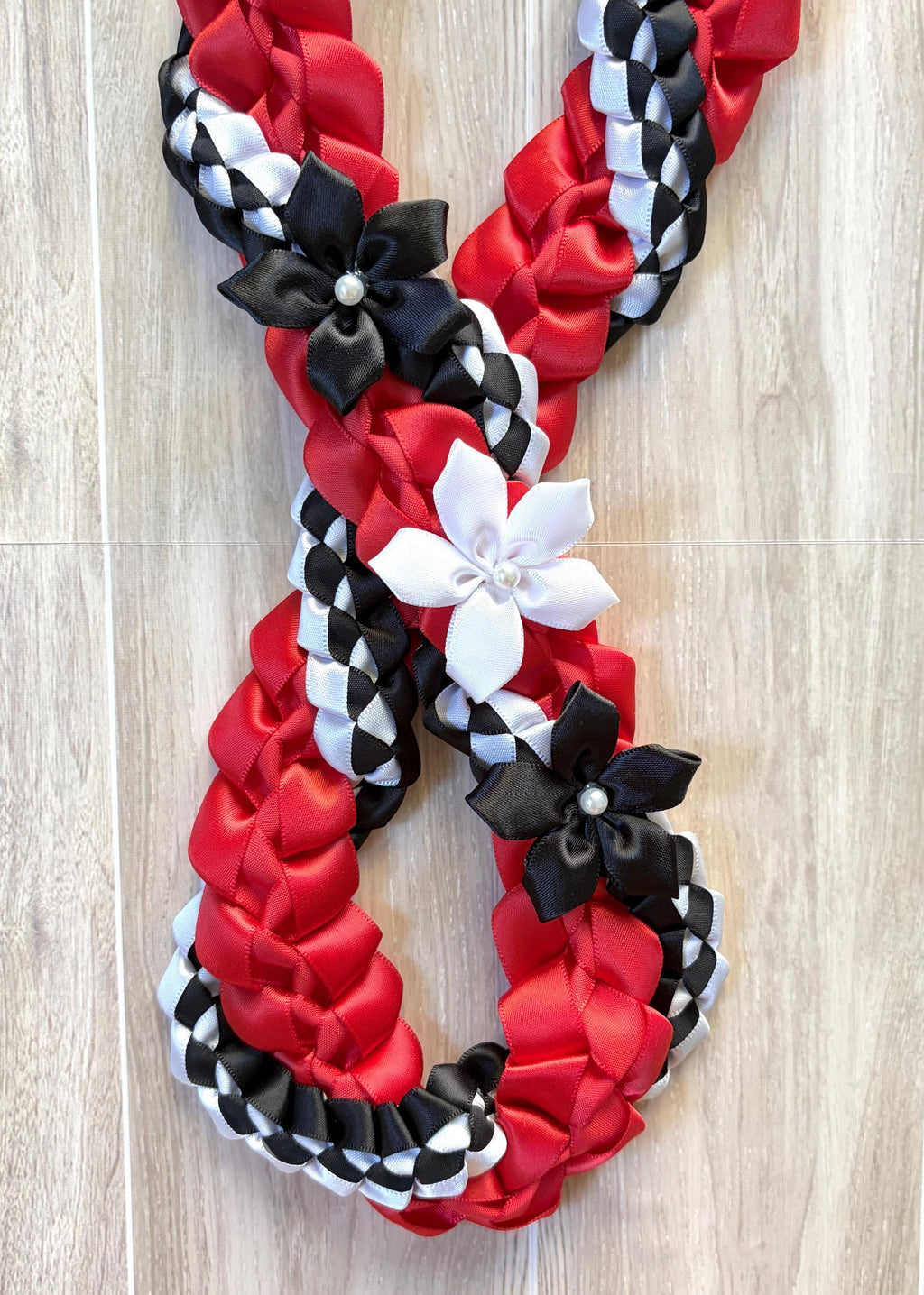 Red, Black, and White Wrap Ribbon Lei