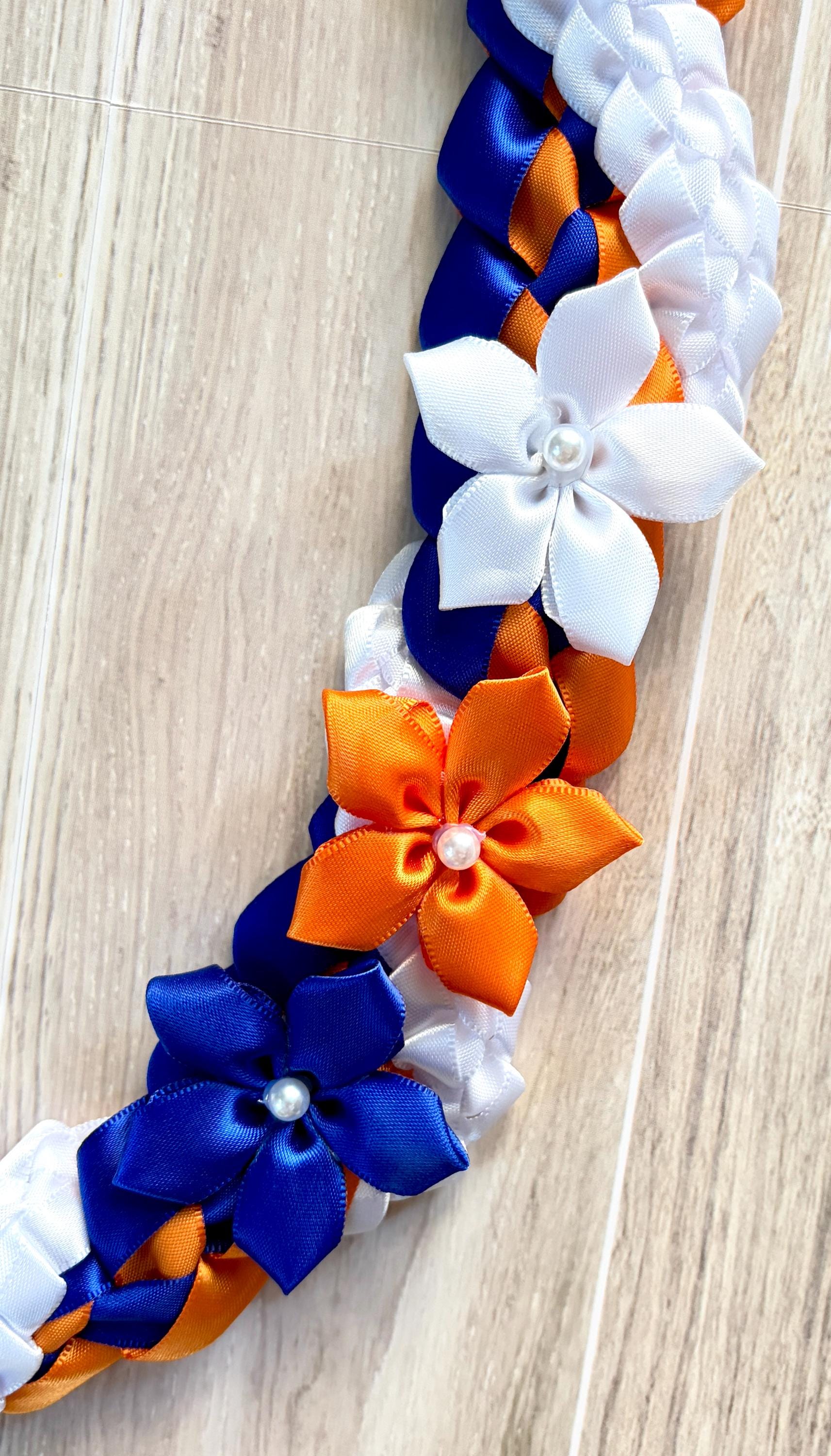 Royal Blue, Orange, and White Wrap Ribbon Lei