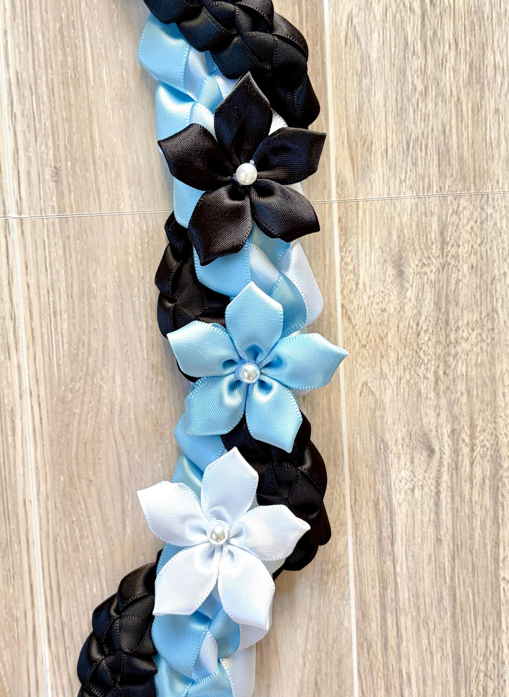 Light Blue, White, and Black Wrap Ribbon Lei