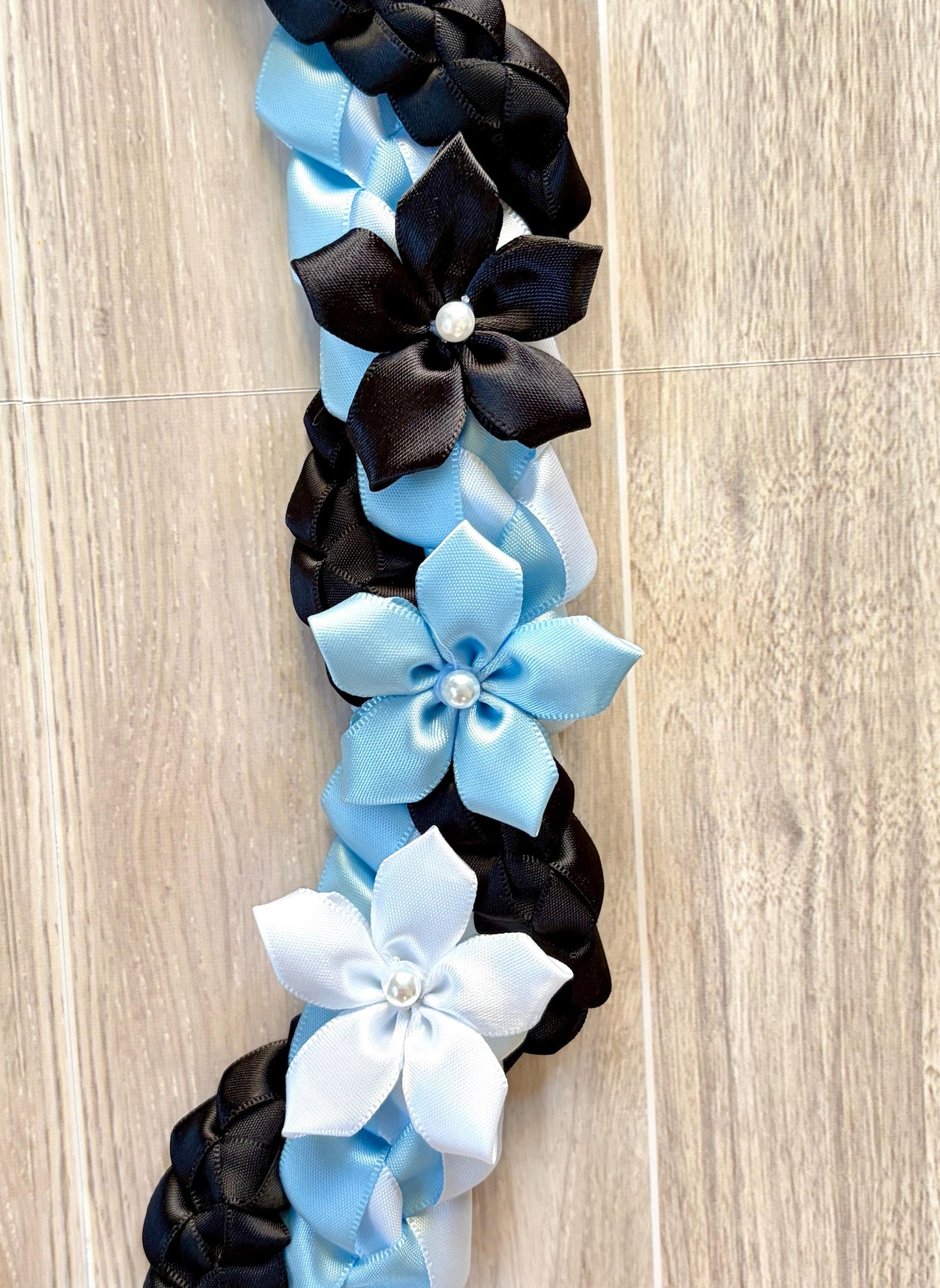 Light Blue, White, and Black Wrap Ribbon Lei