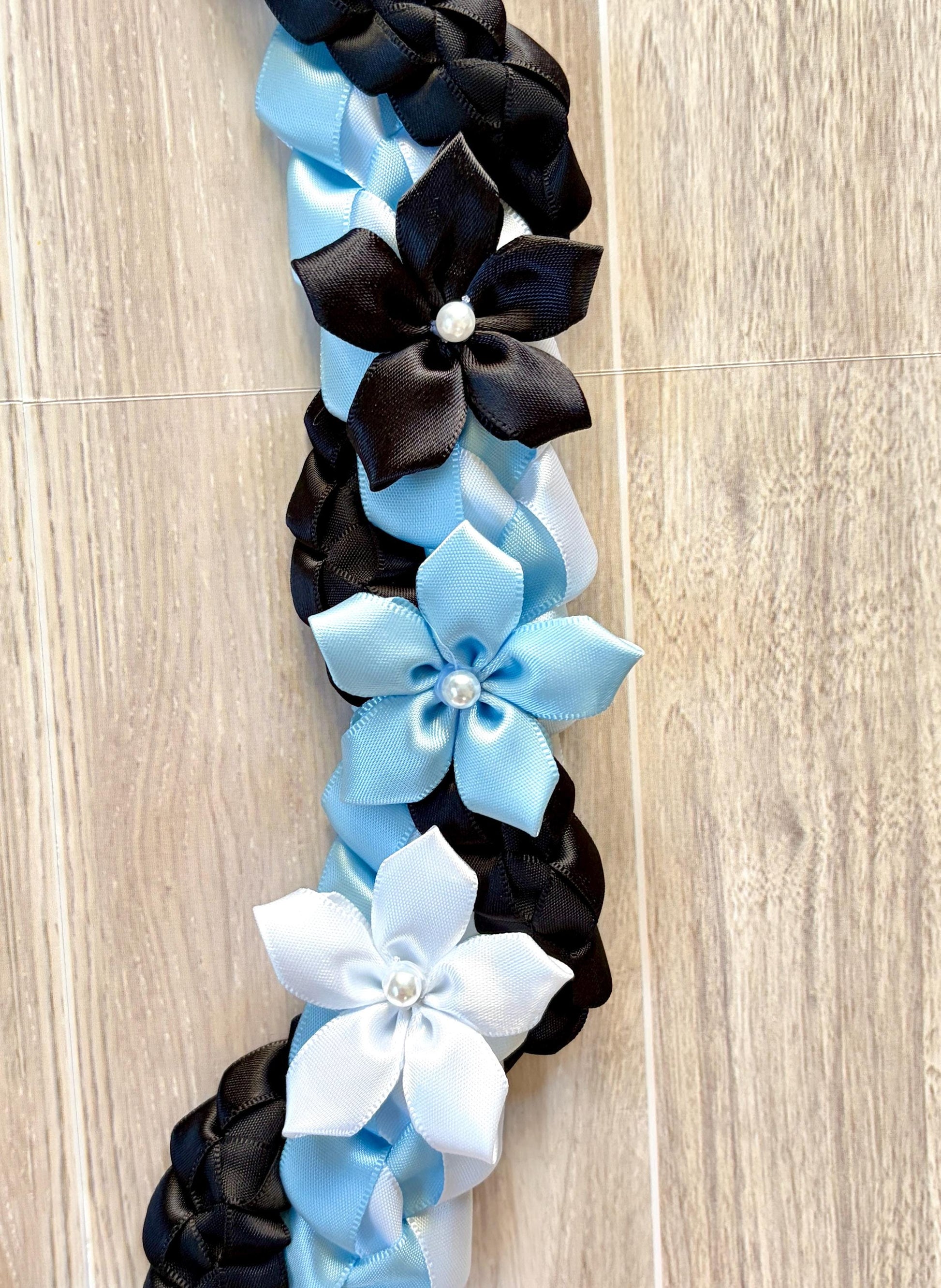 Light Blue, White, and Black Wrap Ribbon Lei