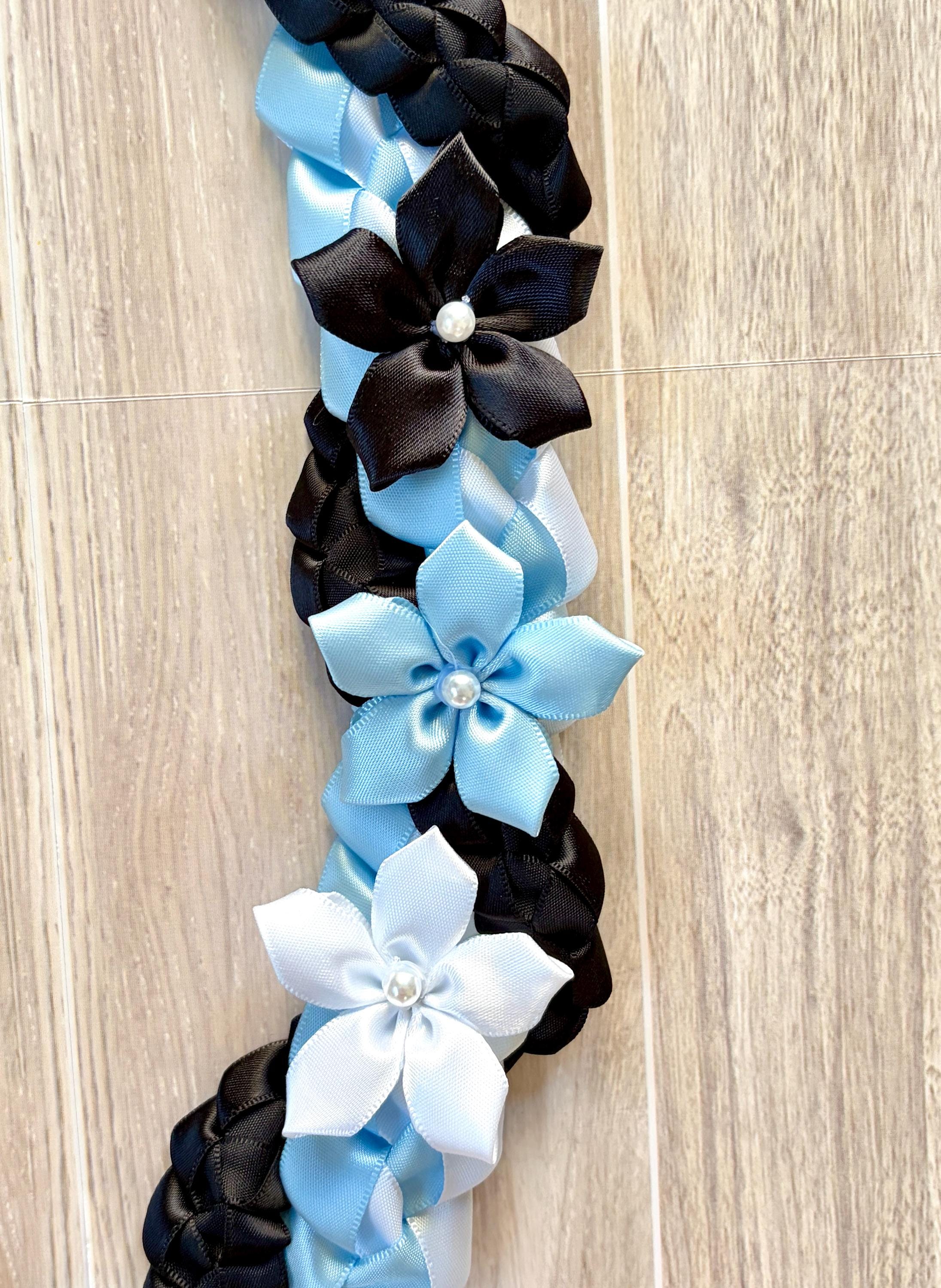 Light Blue, White, and Black Wrap Ribbon Lei