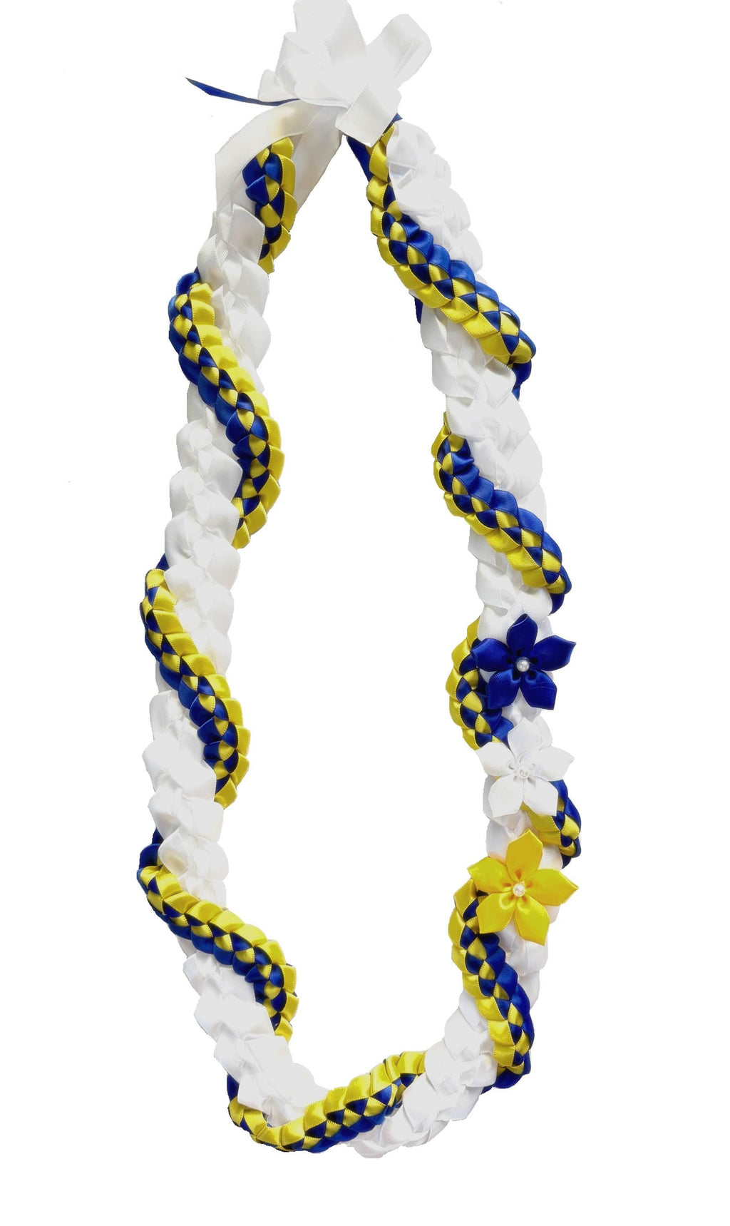 White, Royal Blue, and Yellow Wrap Ribbon Lei