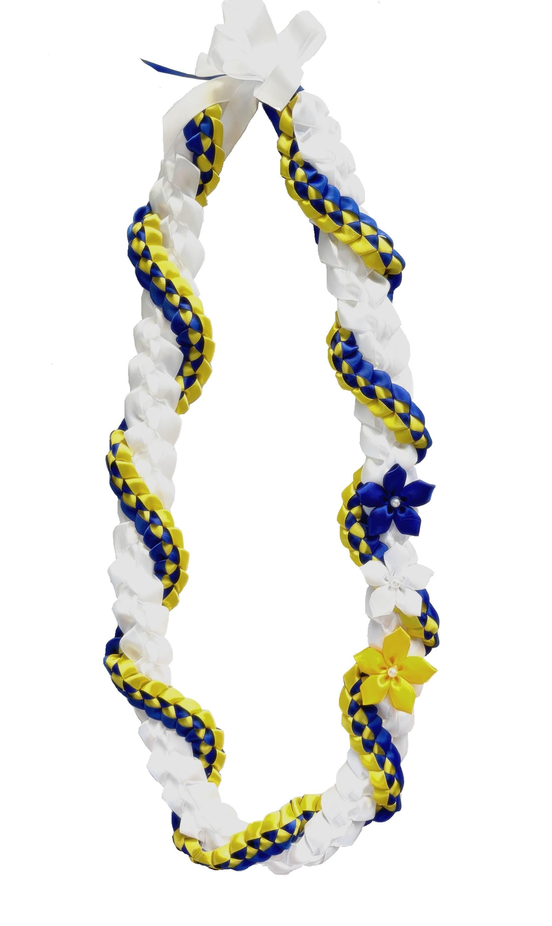 White, Royal Blue, and Yellow Wrap Ribbon Lei