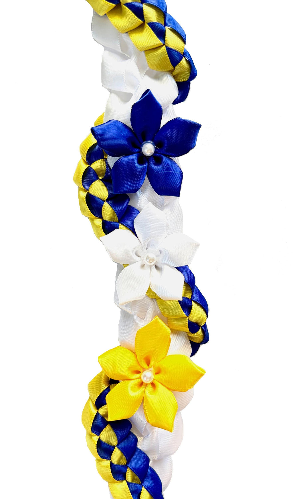 White, Royal Blue, and Yellow Wrap Ribbon Lei