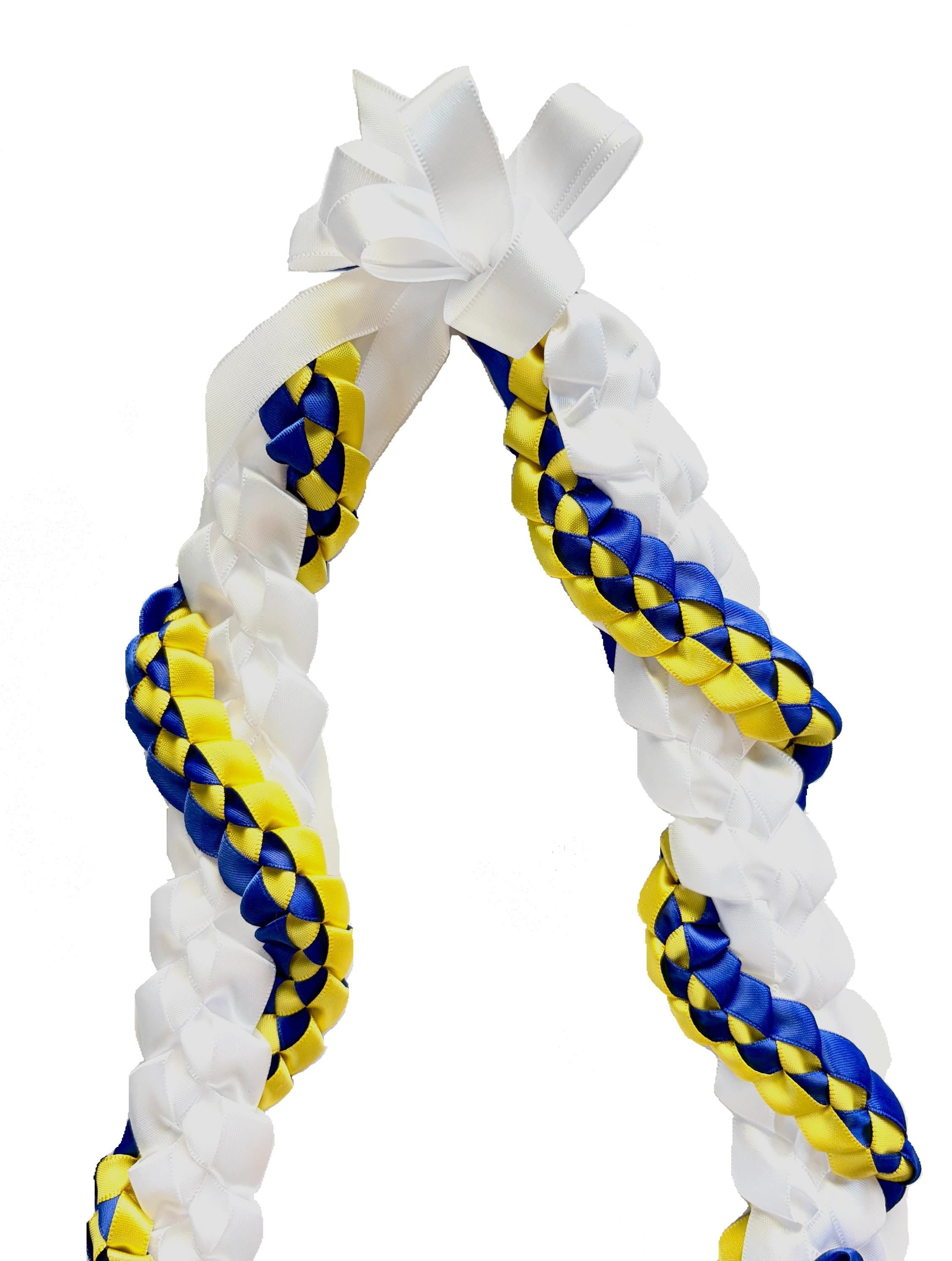 White, Royal Blue, and Yellow Wrap Ribbon Lei