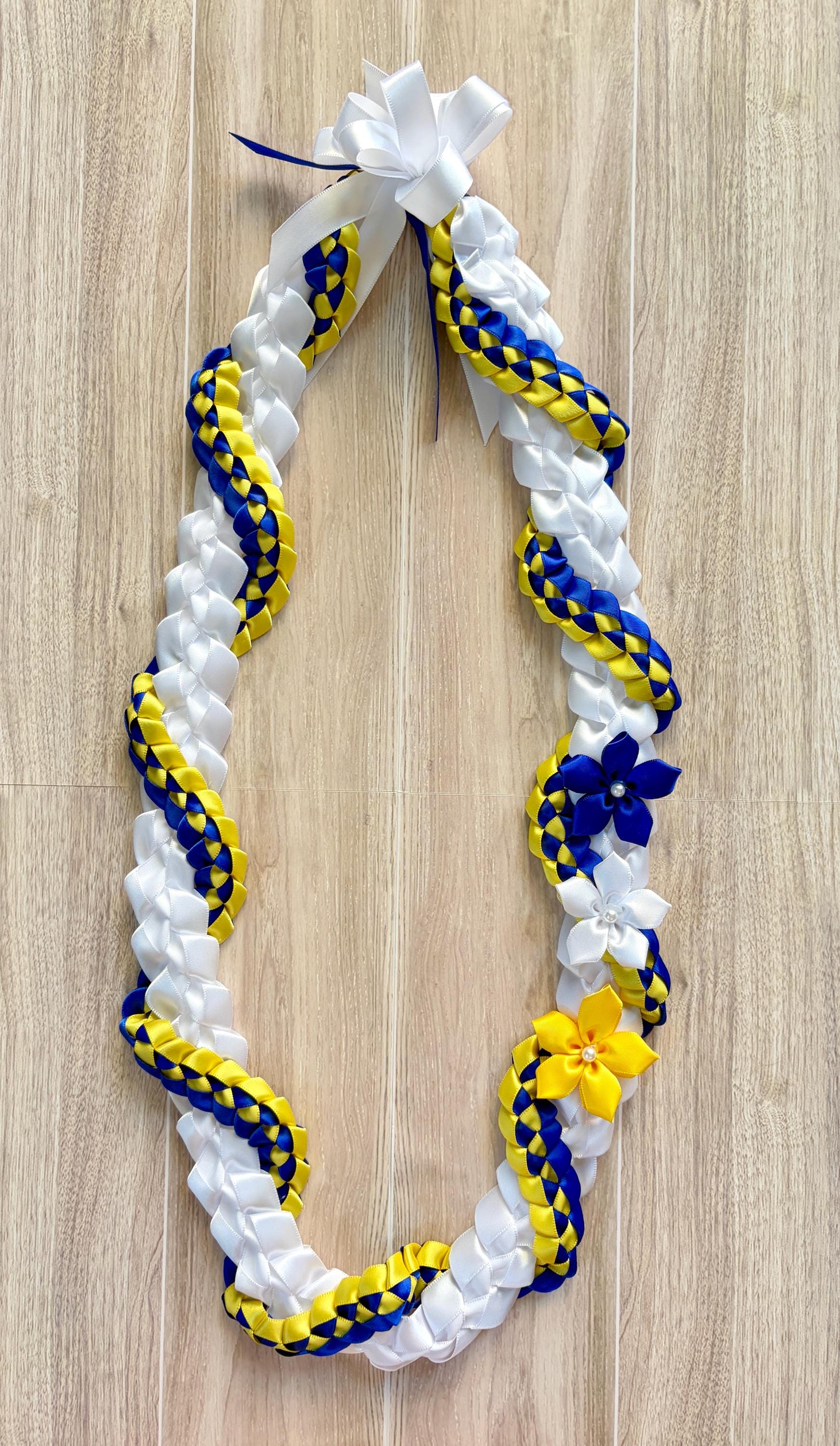 White, Royal Blue, and Yellow Wrap Ribbon Lei