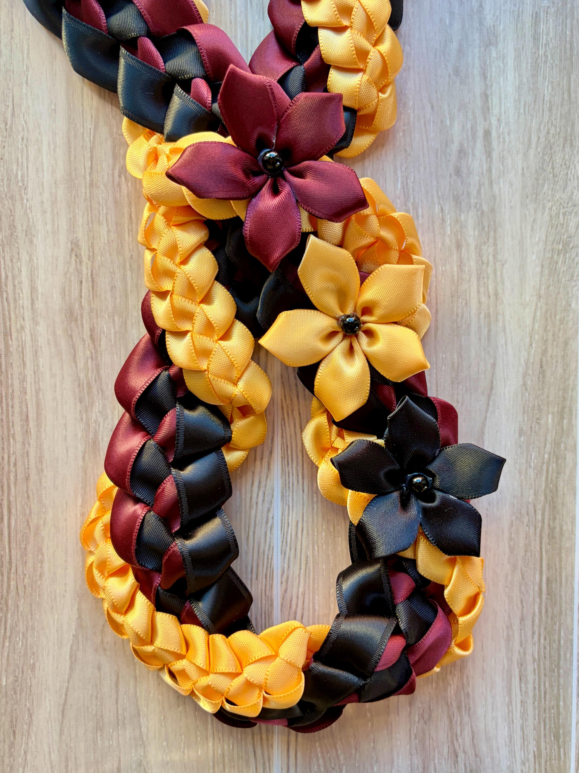 Burgundy, Black and Gold Wrap Ribbon Lei