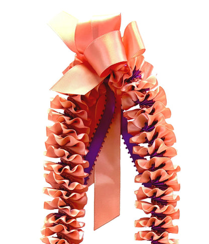 Coral and Purple Plumeria Ribbon Lei