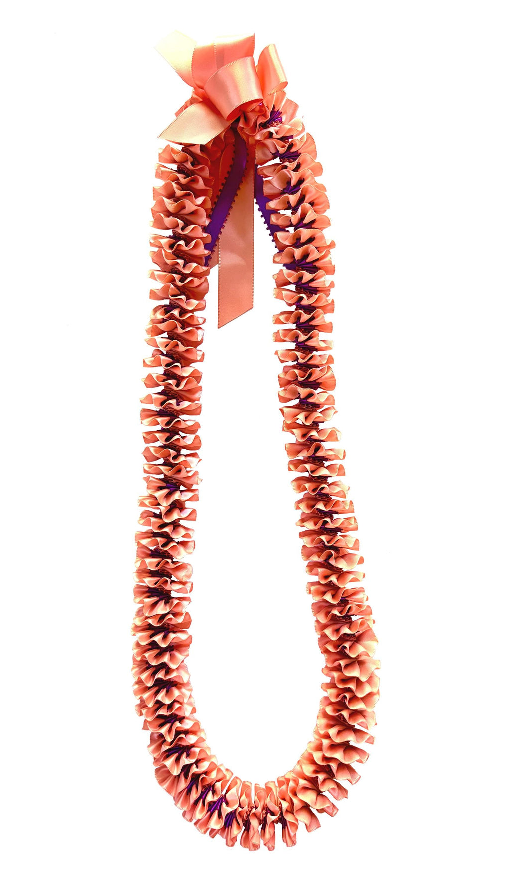 Coral and Purple Plumeria Ribbon Lei