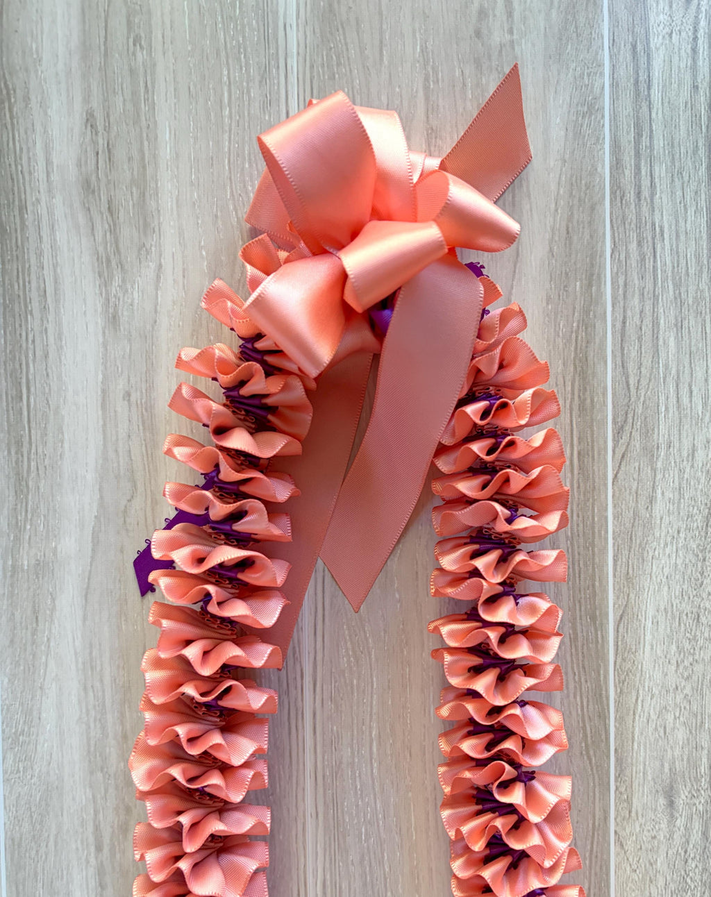 Coral and Purple Plumeria Ribbon Lei