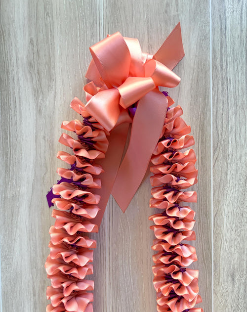 Coral and Purple Plumeria Ribbon Lei