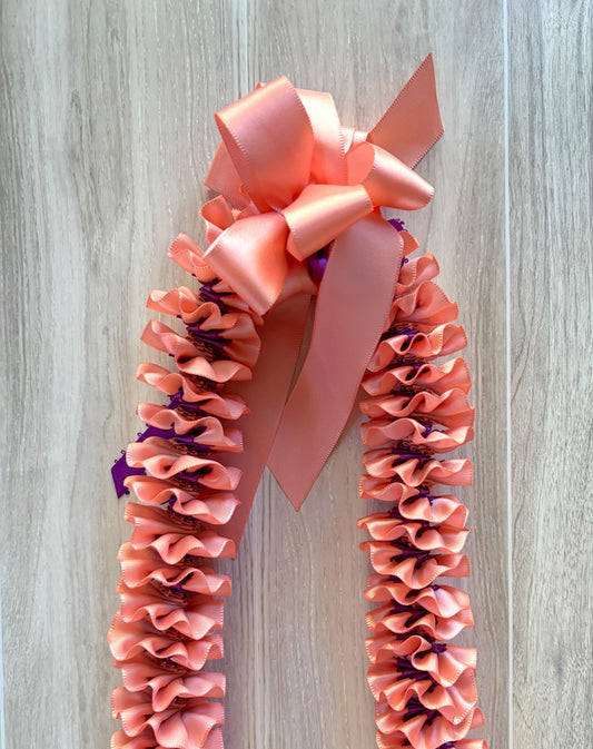 Coral and Purple Plumeria Ribbon Lei