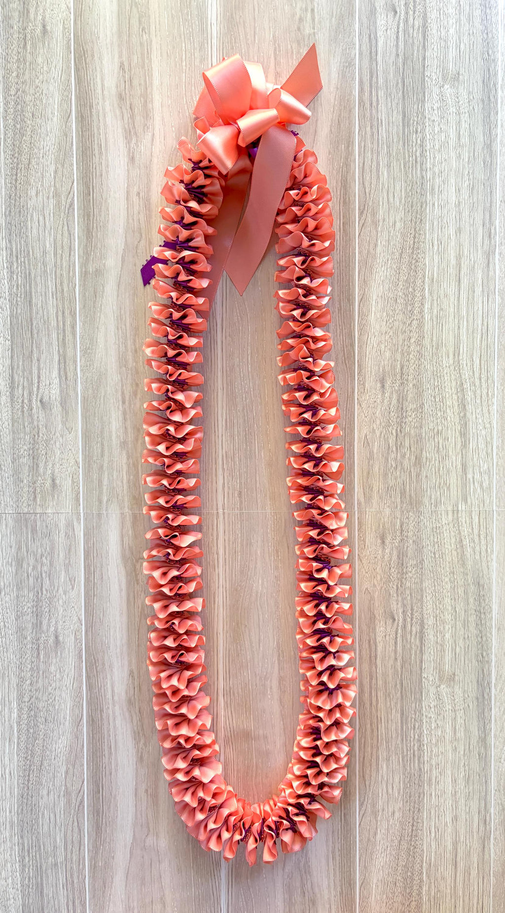Coral and Purple Plumeria Ribbon Lei