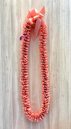 Coral and Purple Plumeria Ribbon Lei