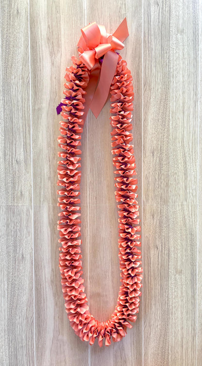 Coral and Purple Plumeria Ribbon Lei