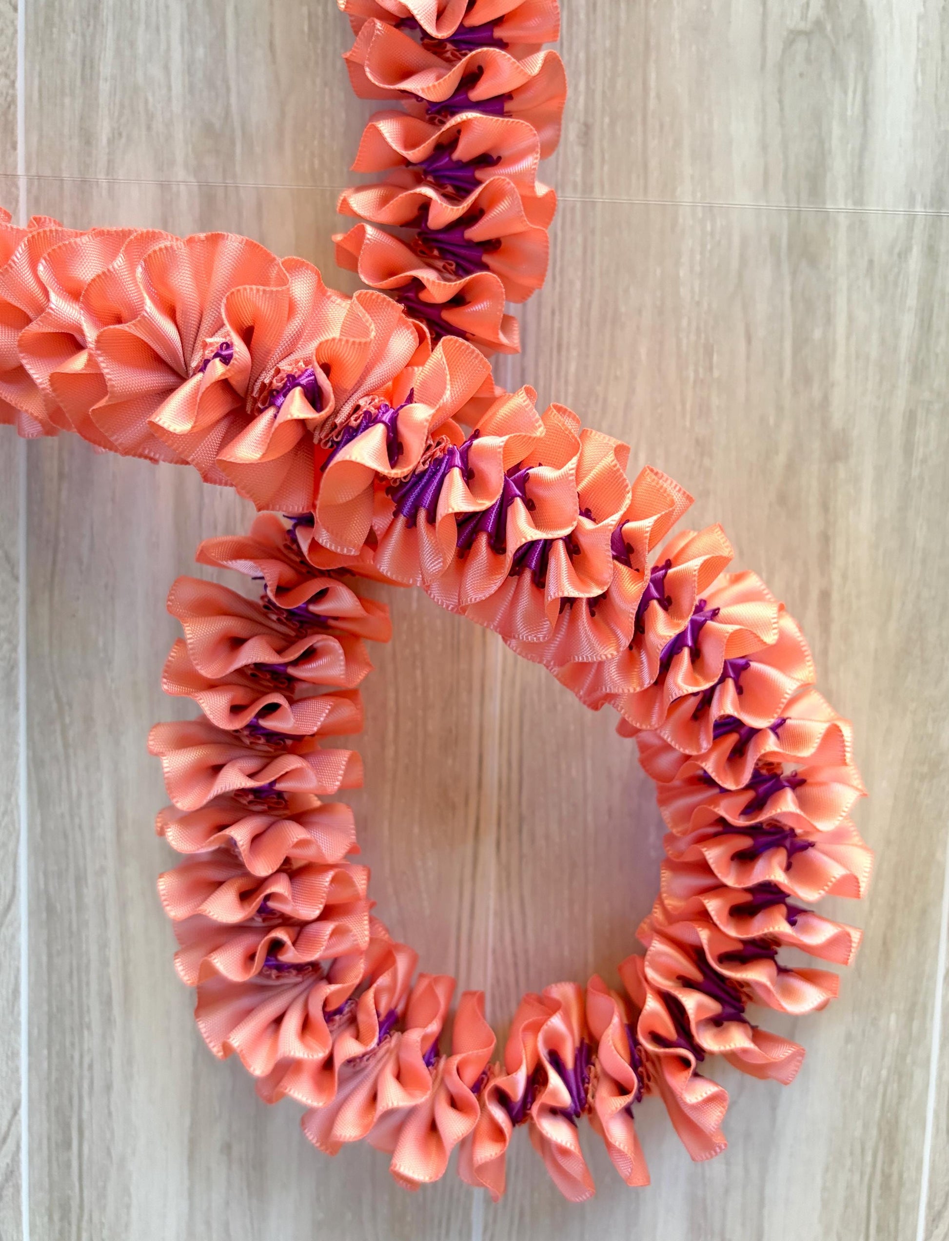 Coral and Purple Plumeria Ribbon Lei
