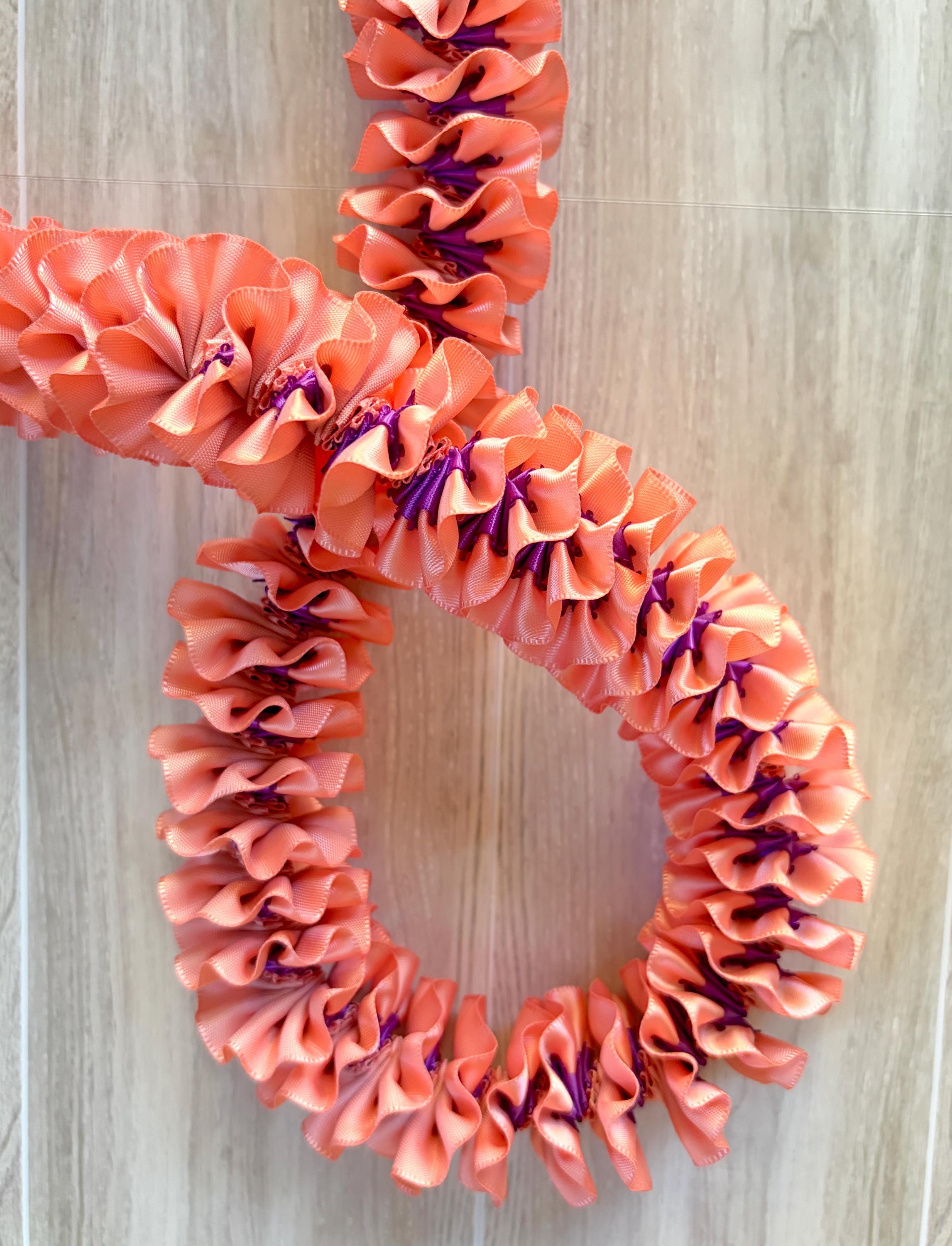 Coral and Purple Plumeria Ribbon Lei