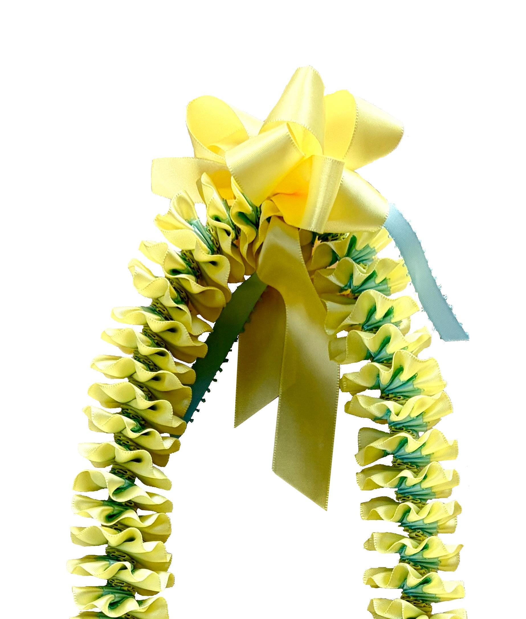 Light Yellow and Light Blue Plumeria Ribbon Lei