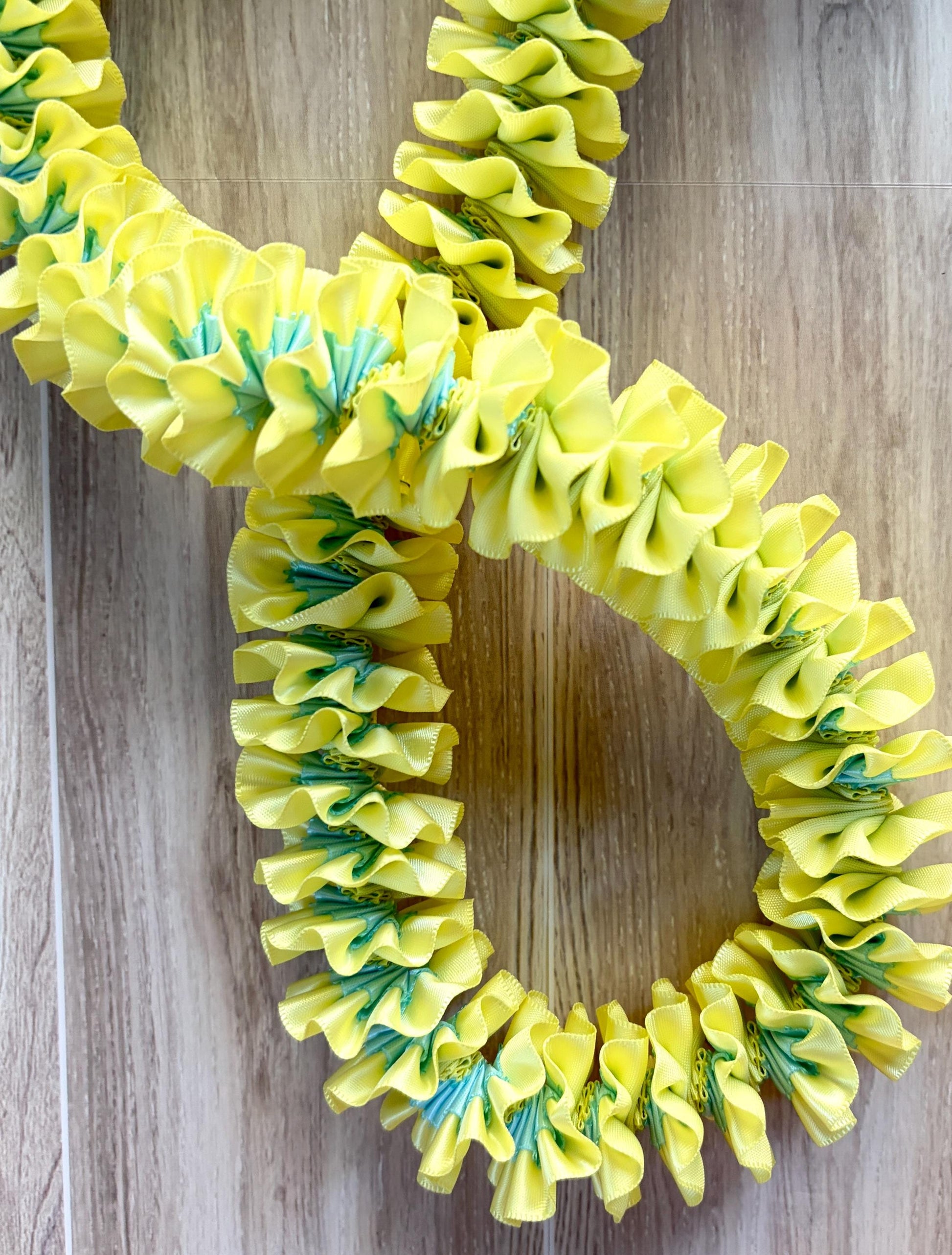 Light Yellow and Light Blue Plumeria Ribbon Lei