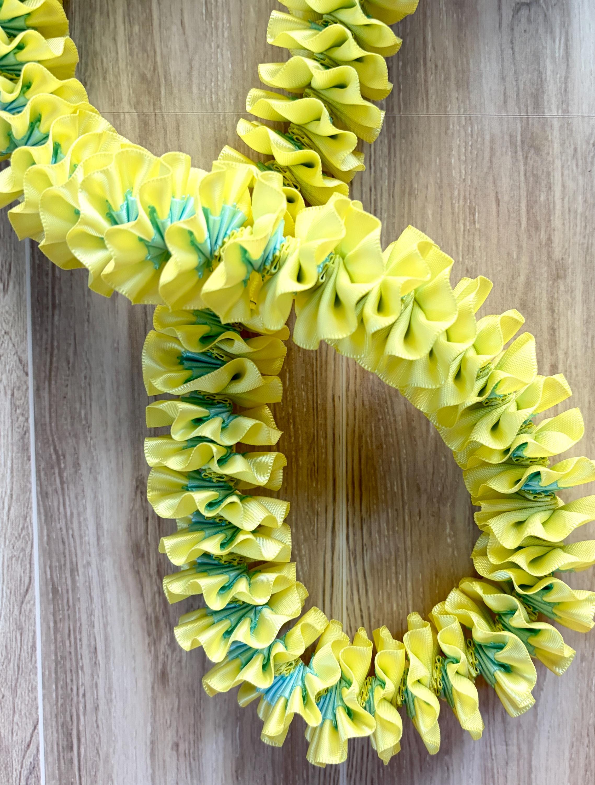 Light Yellow and Light Blue Plumeria Ribbon Lei