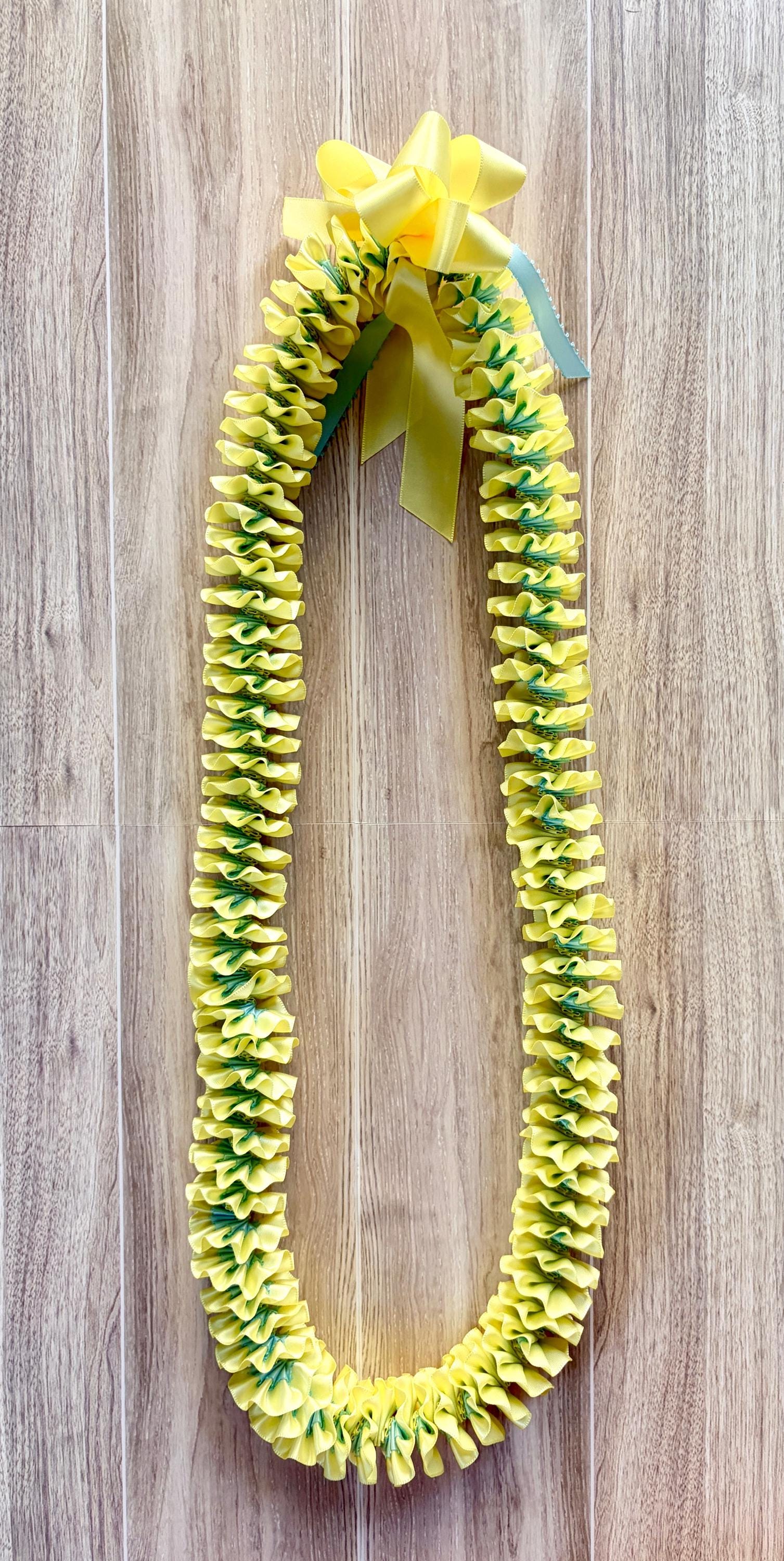 Light Yellow and Light Blue Plumeria Ribbon Lei