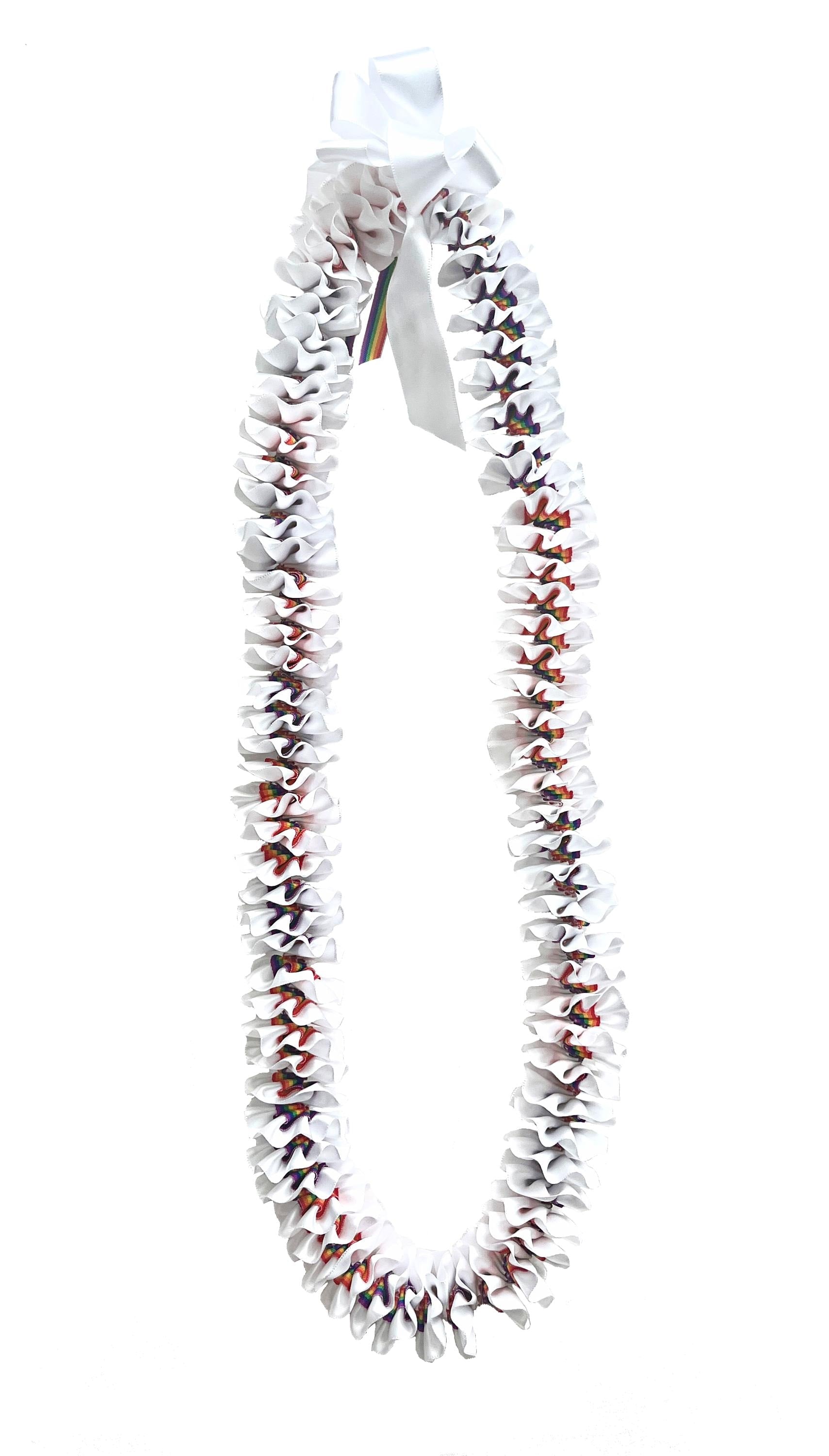 White and Rainbow Grosgrain Plumeria Ribbon Lei
