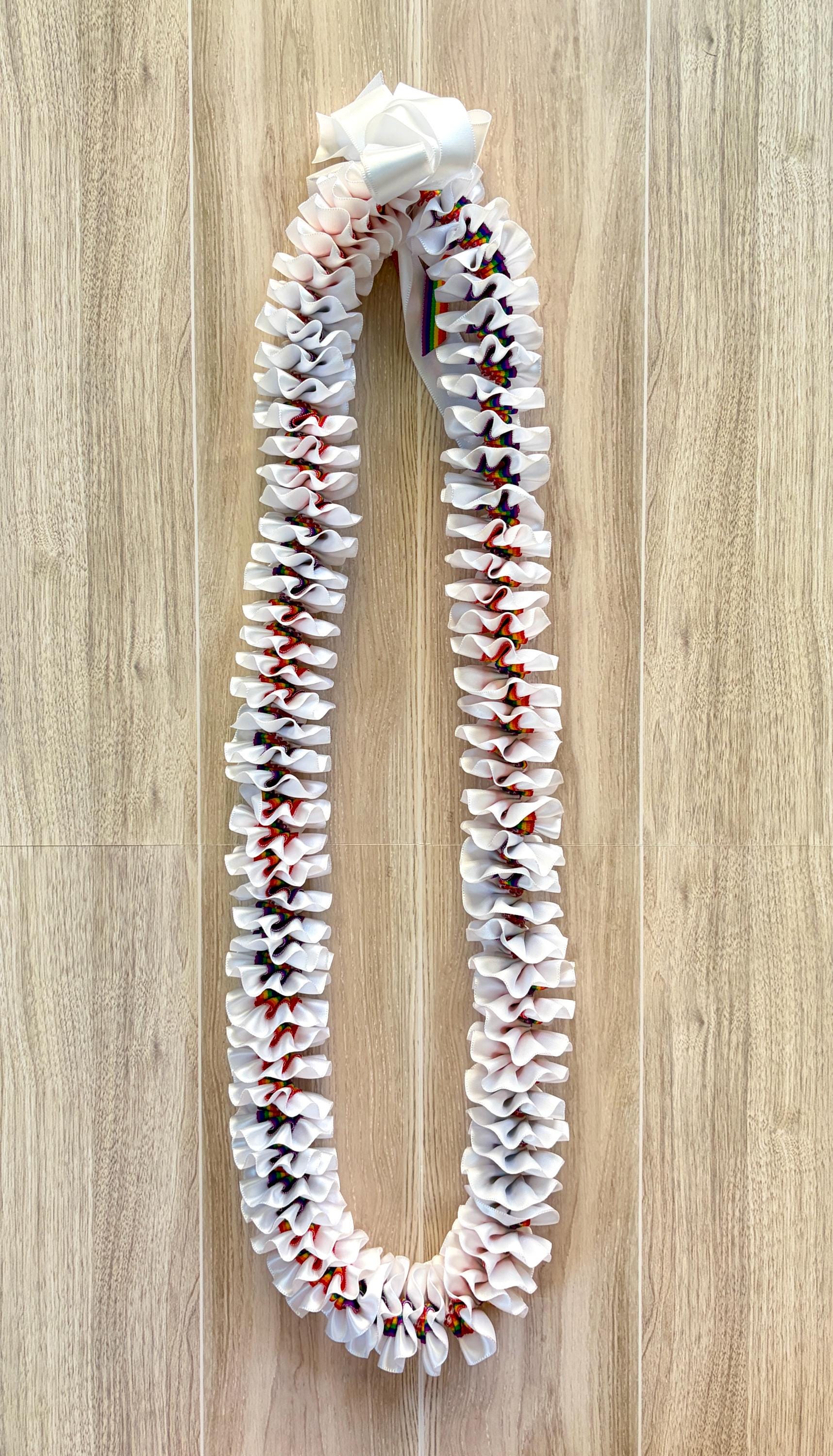 White and Rainbow Grosgrain Plumeria Ribbon Lei