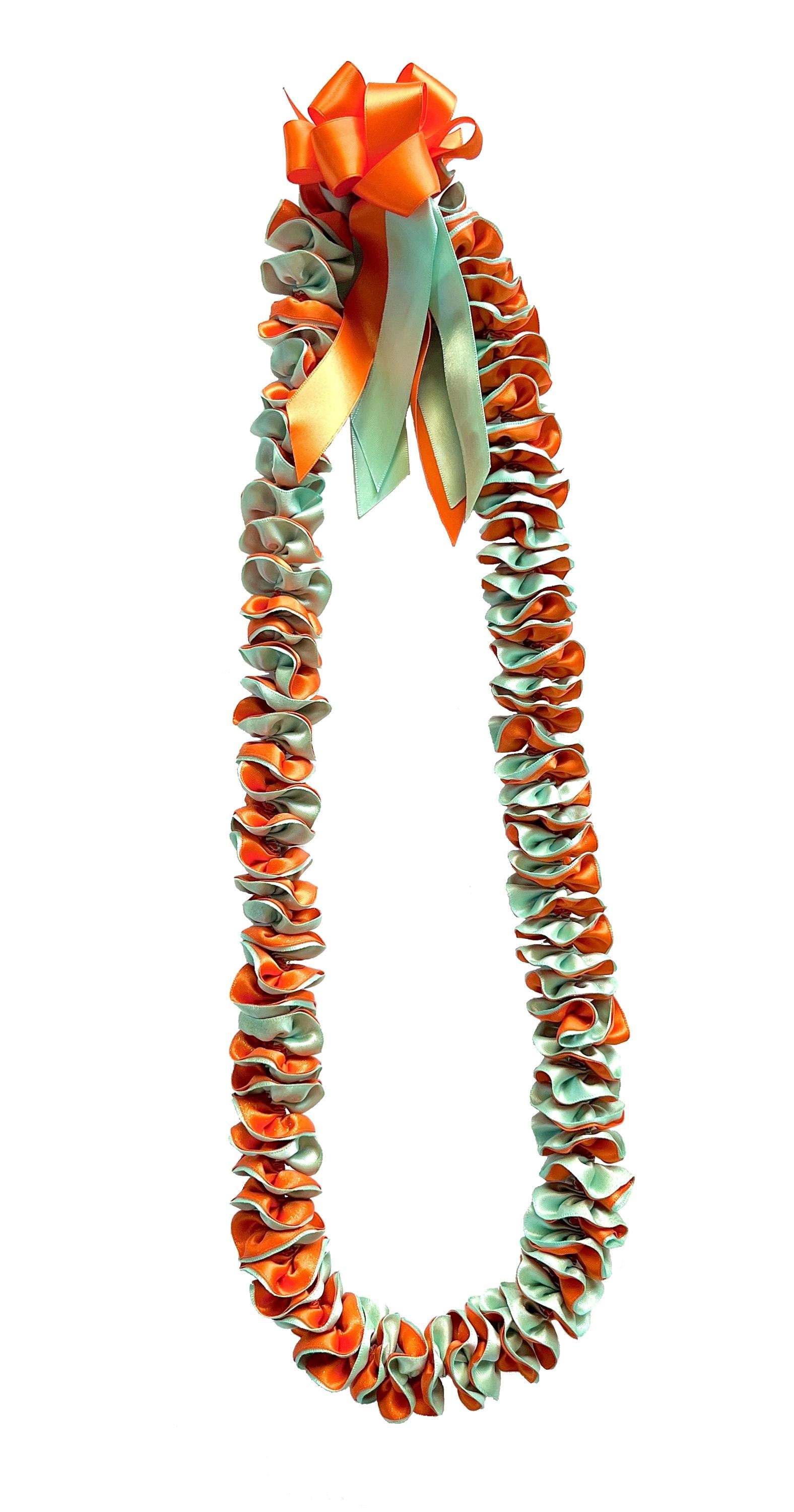 Glittery Mint and Orange Plumeria Ribbon Lei