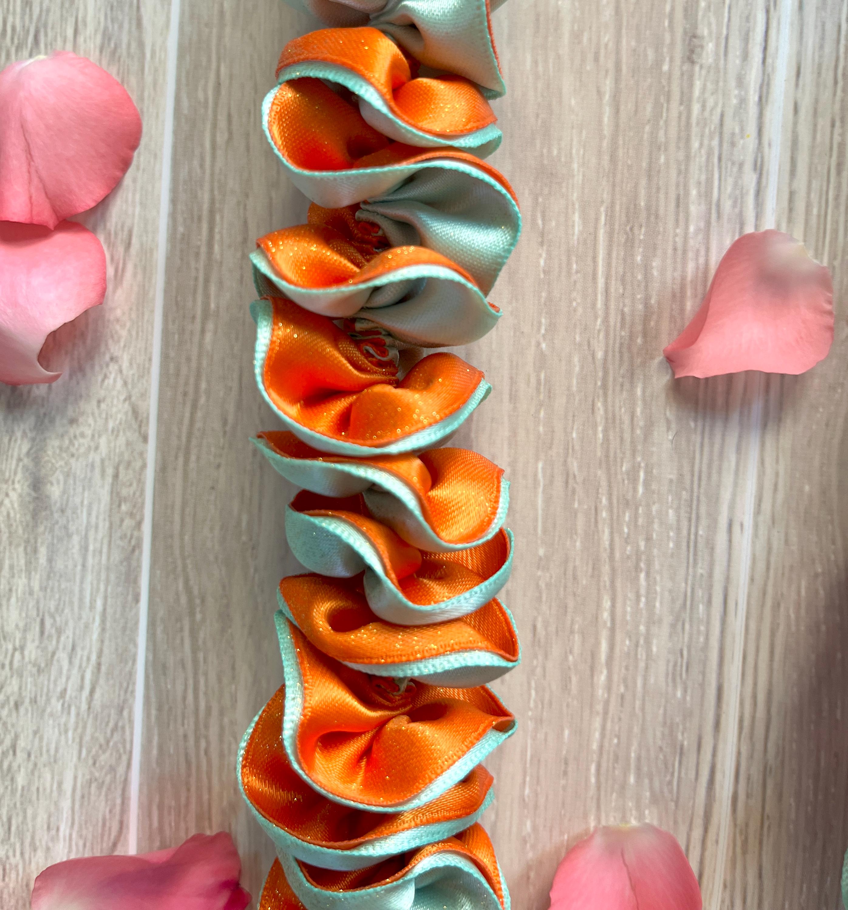 Glittery Mint and Orange Plumeria Ribbon Lei
