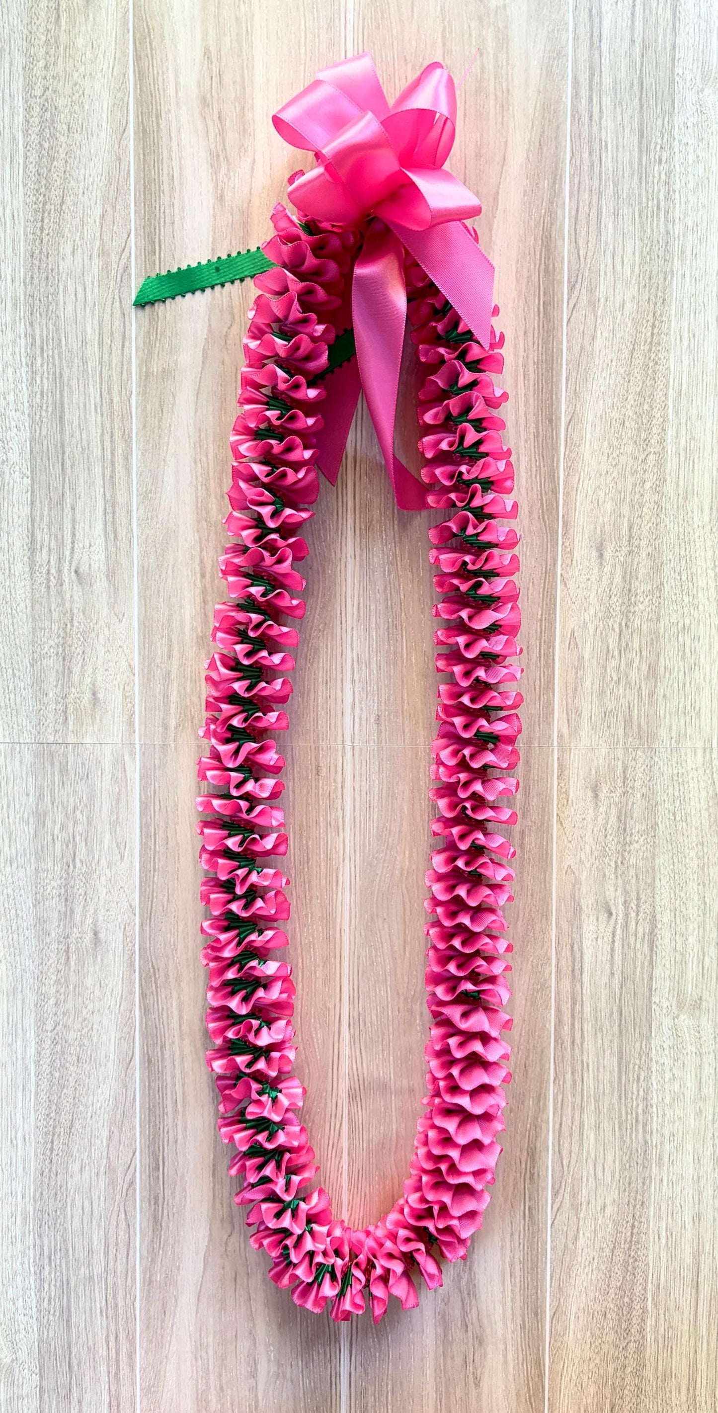 Hot Pink and Emerald Green Plumeria Ribbon Lei