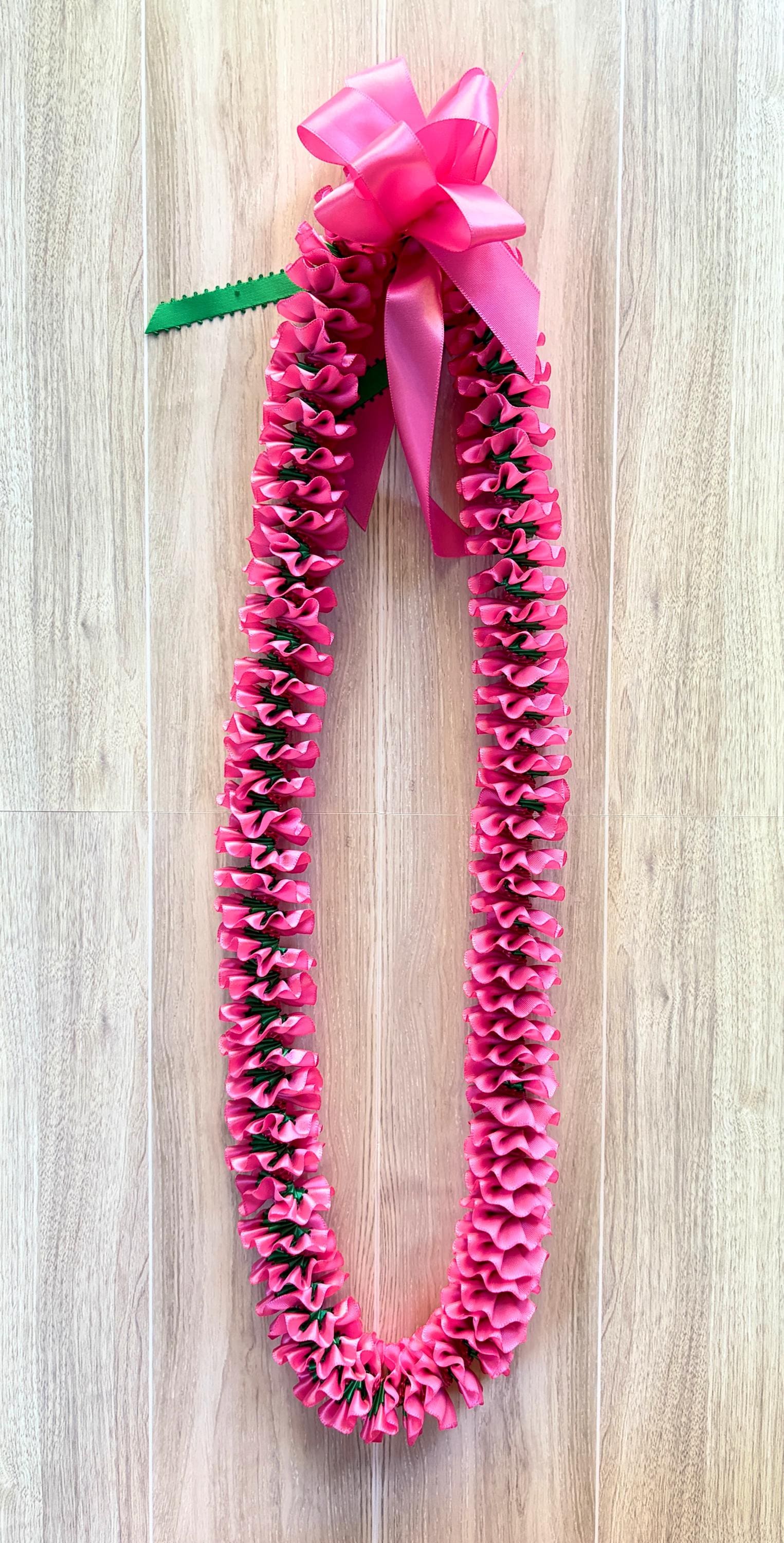 Hot Pink and Emerald Green Plumeria Ribbon Lei